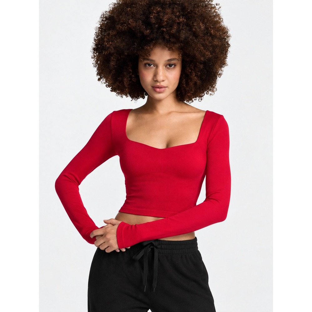 PINK Victoria's Secret Red Seamless Ribbed Sweetheart Crop Top Long Sleeve M